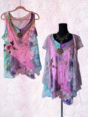 Handmade Patchwork Art To Wear One of a Kind Tunic Blouse Romantic Ethereal